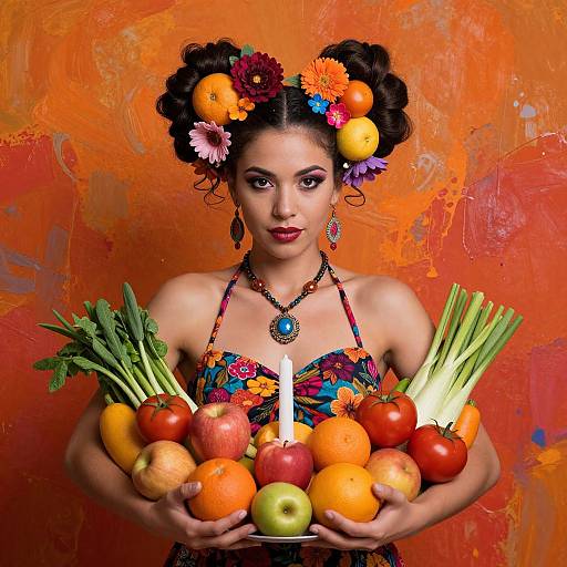 Woman Holding Tray of Fresh Fruits and Vegetables with Floral Hair Accessories