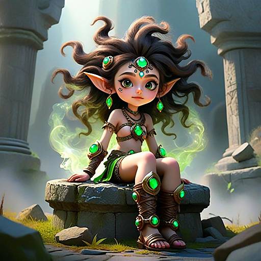 Fantasy Elf Woman with Glowing Green Jewels Sitting on Ancient Stone Pedestal