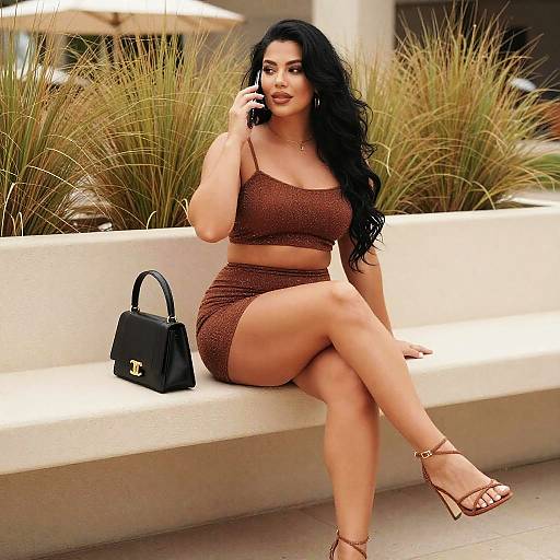 Elegant Woman in Brown Crop Top and Skirt Talking on Phone Outdoors