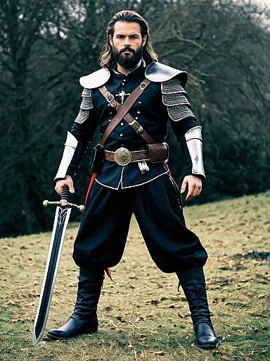 Man in Kane Fancy Dress Costume with Sword and Medieval Armor