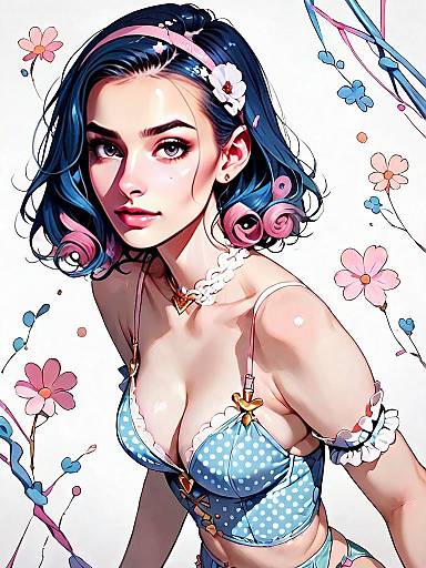 Realistic Anime Style Woman in Chic High-Waisted Polka Dot Garter Belt and Satin Top