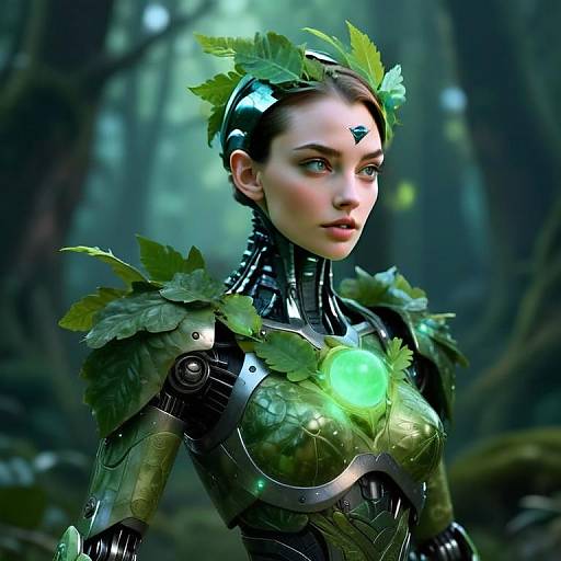 Futuristic Woman in Cybernetic Nature Armor with Glowing Green Elements