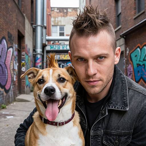 Young Man with Mohawk and Happy Dog in Urban Graffiti Alley