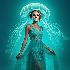 Elegant Woman in Turquoise Gown with Jellyfish Headpiece