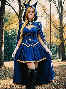 Sexy Luna Cosplay Woman Wearing Fantasy Hooded Costume Outdoors