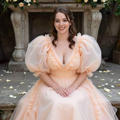 Young Woman in Elegant Peach Puff Sleeve Dress Sitting Outdoors
