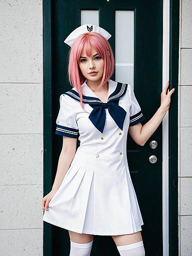 Woman in Pink Hair Wearing Sailor Cosplay Dress by Door