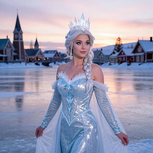 Ice Queen Woman in Shimmering Gown by Frozen Lake at Sunset