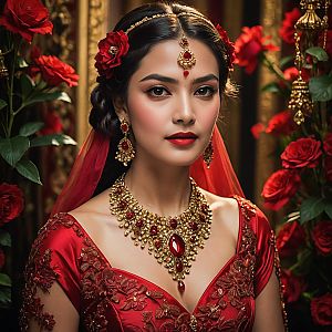 Regal Woman in Red Gown with Gemstone Jewelry