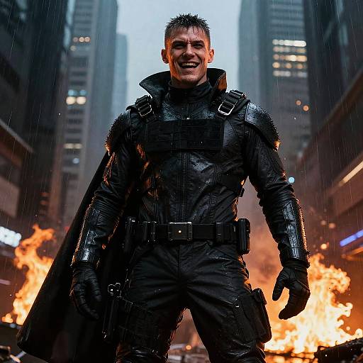 Man in Black Tactical Gear with Cape in Urban Rain and Fire Scene