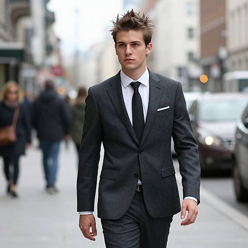 Young Man in Dark Gray Suit Walking on Urban Street