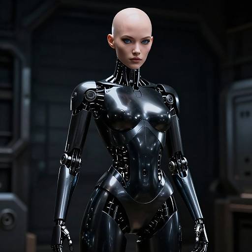 Realistic Female Android with Black Metallic Body in Futuristic Setting