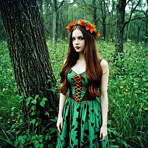 Young Woman in Green Dress in Enchanted Forest
