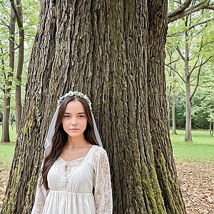 Serene Young Woman in White Dress by Tree