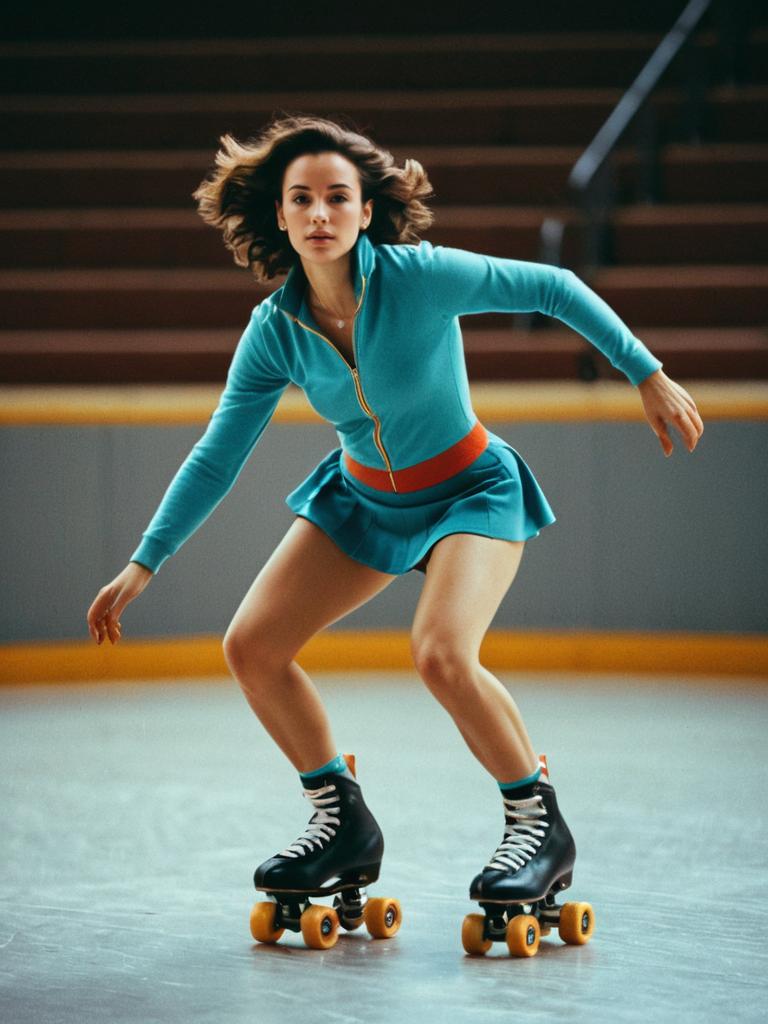 Woman in Roller Skating Outfit Performing Dynamic Moves with Cinematic Realism