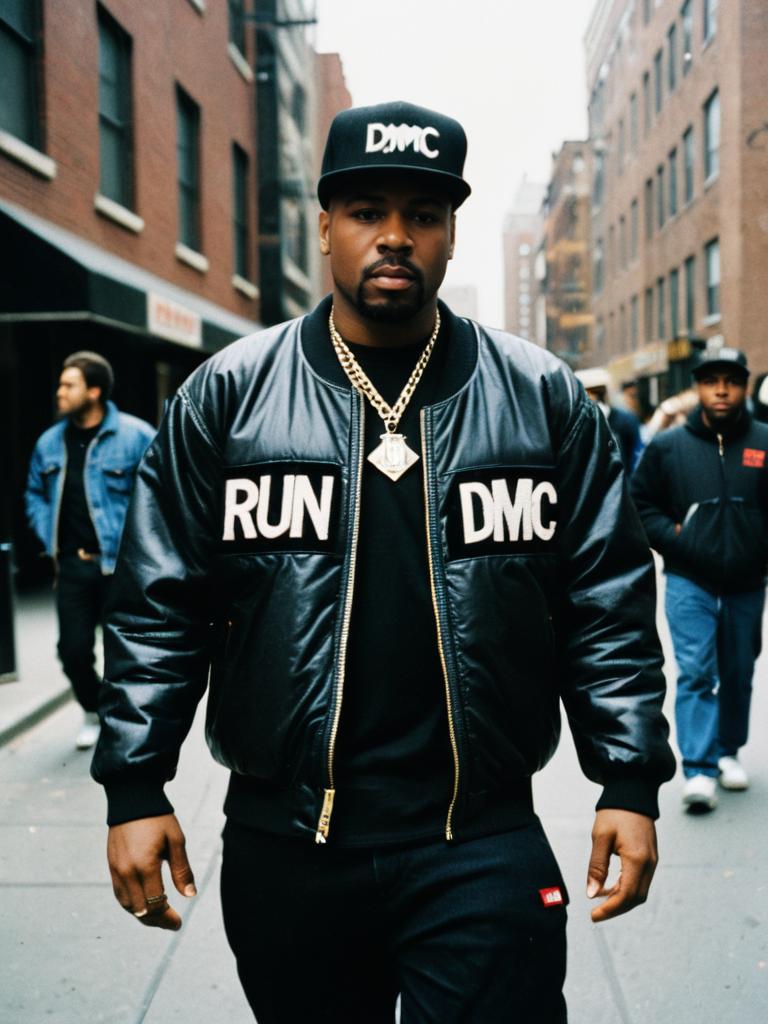 Man in Run DMC Costume Wearing Leather Jacket and Gold Chain on Urban Street