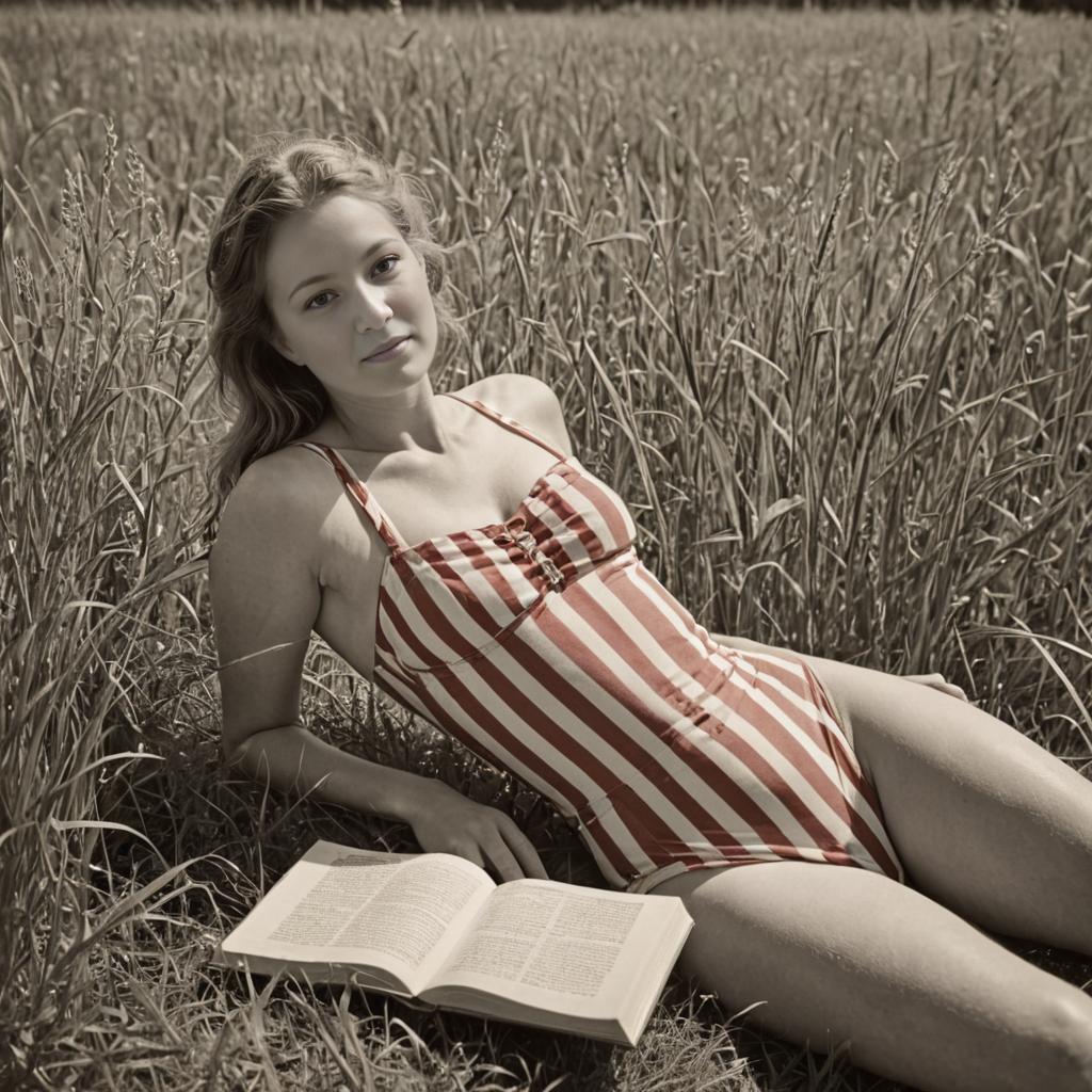 Woman Lounging in Field with Book - Black and White Vintage