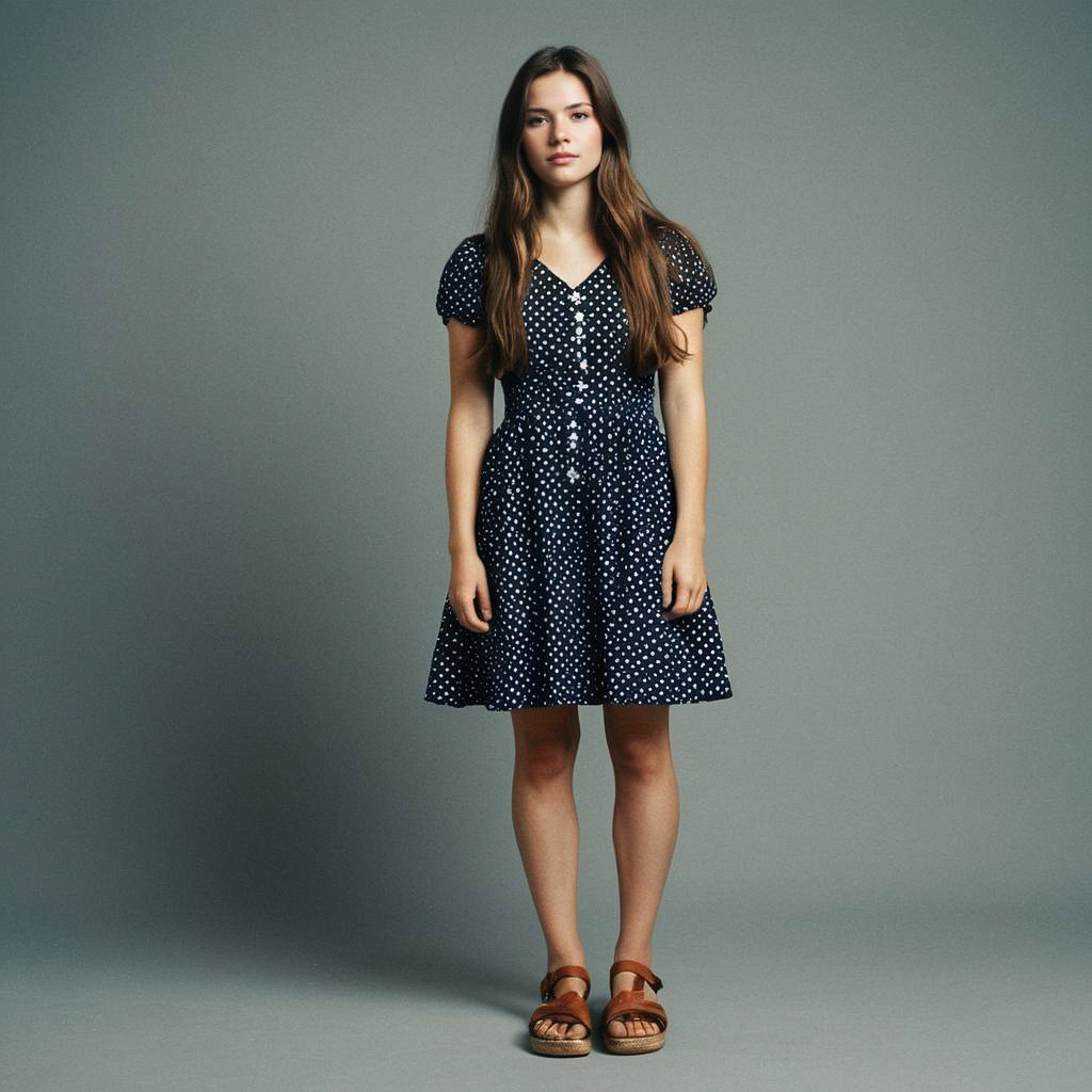 Confident Young Woman in Navy Polka Dot Dress Confident Young Woman in Navy Polka Dot Dress