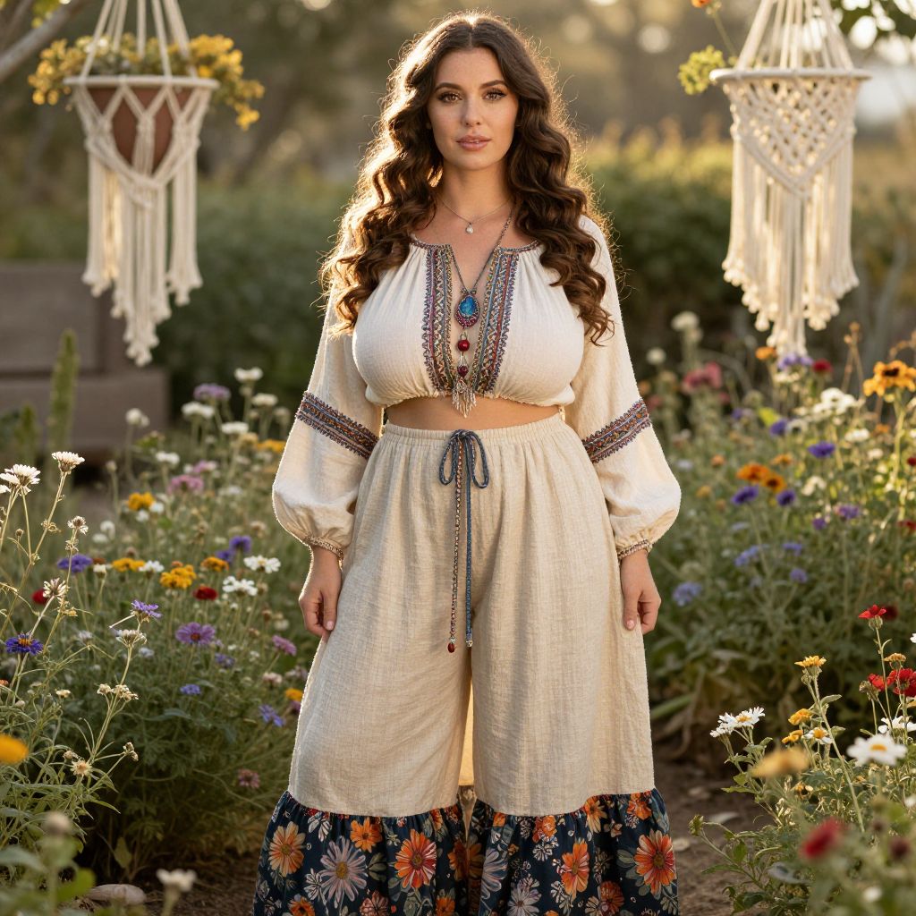 Bohemian Woman in Embroidered Outfit Standing in Flower Garden