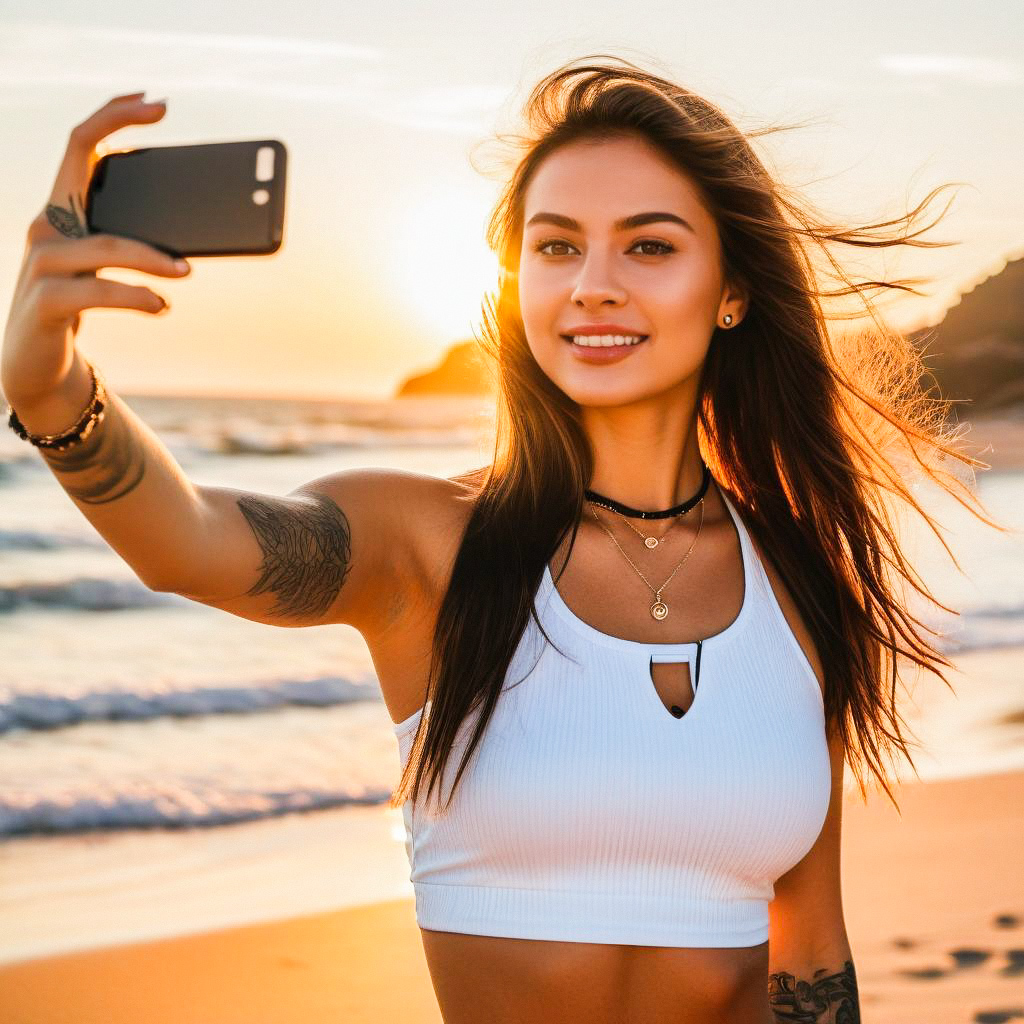 Young Woman Selfie at Beach During Golden Hour Young Woman Selfie at Beach During Golden Hour