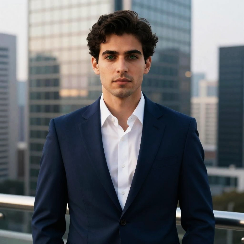 Gen Z Young Man in Navy Suit on City Rooftop