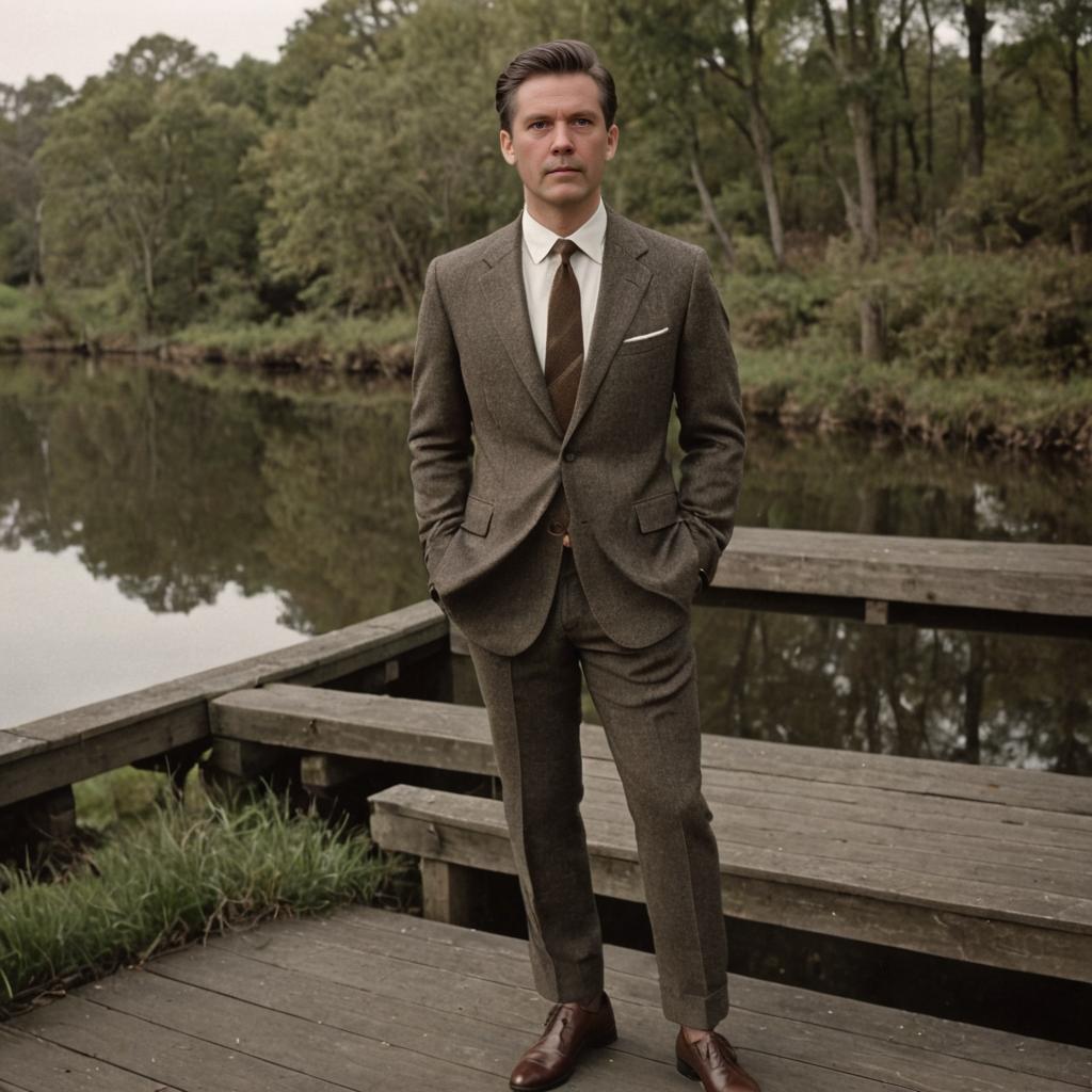 Vintage Elegance: Man in Classic Suit on Lake Pier