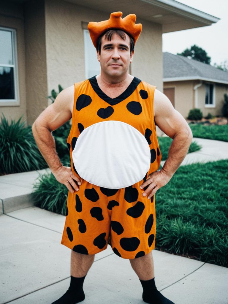 Man in Fred Flintstone Costume Photorealistic Humorous Cosplay Portrait