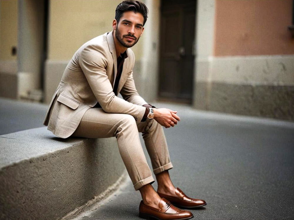 Stylish Man in Beige Suit on Stone Ledge