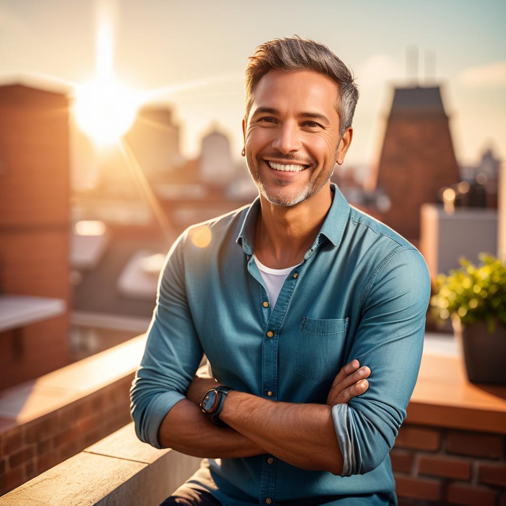 Confident man in teal shirt on rooftop at golden hour