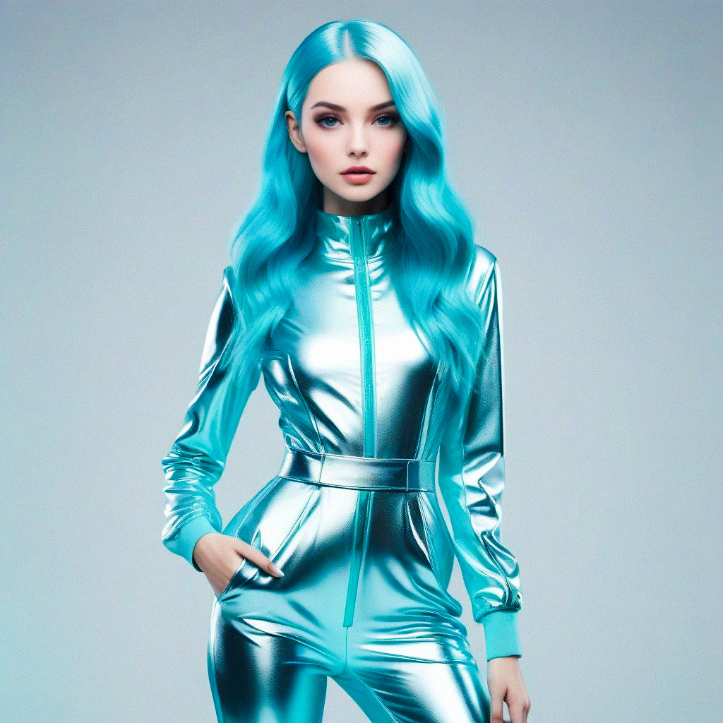 Futuristic Woman in Metallic Blue Jumpsuit