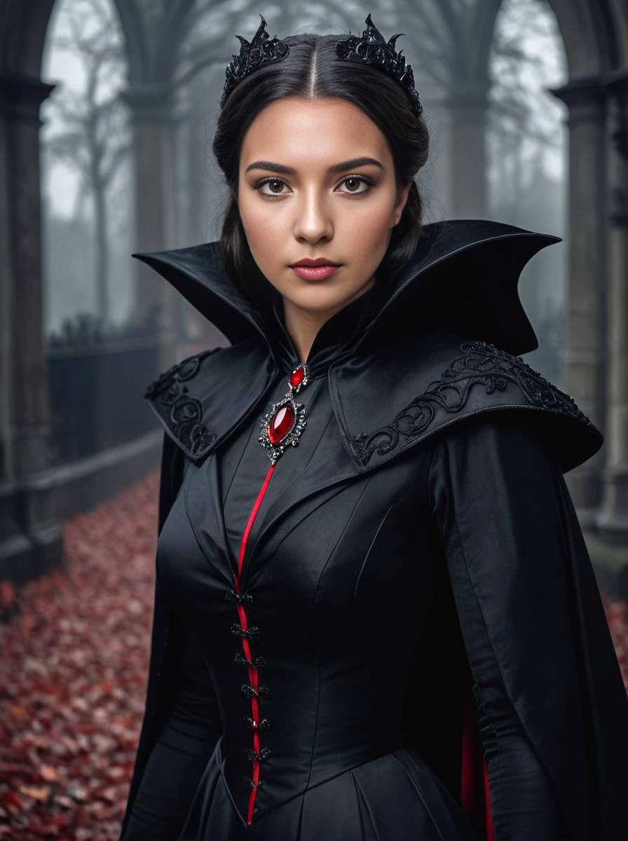 Elegant Dracula Costume Woman in Gothic Setting