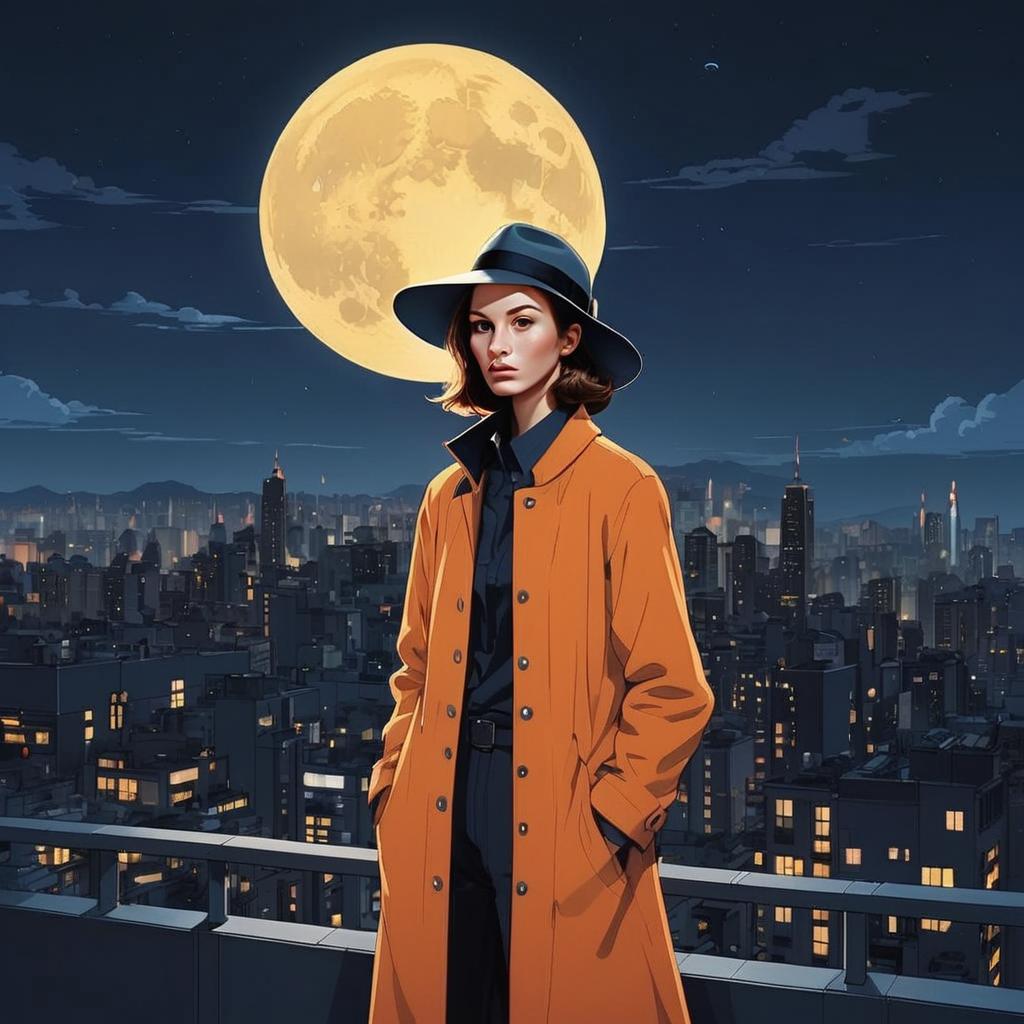 Woman in Orange Trench Coat and Hat on City Rooftop Under Full Moon