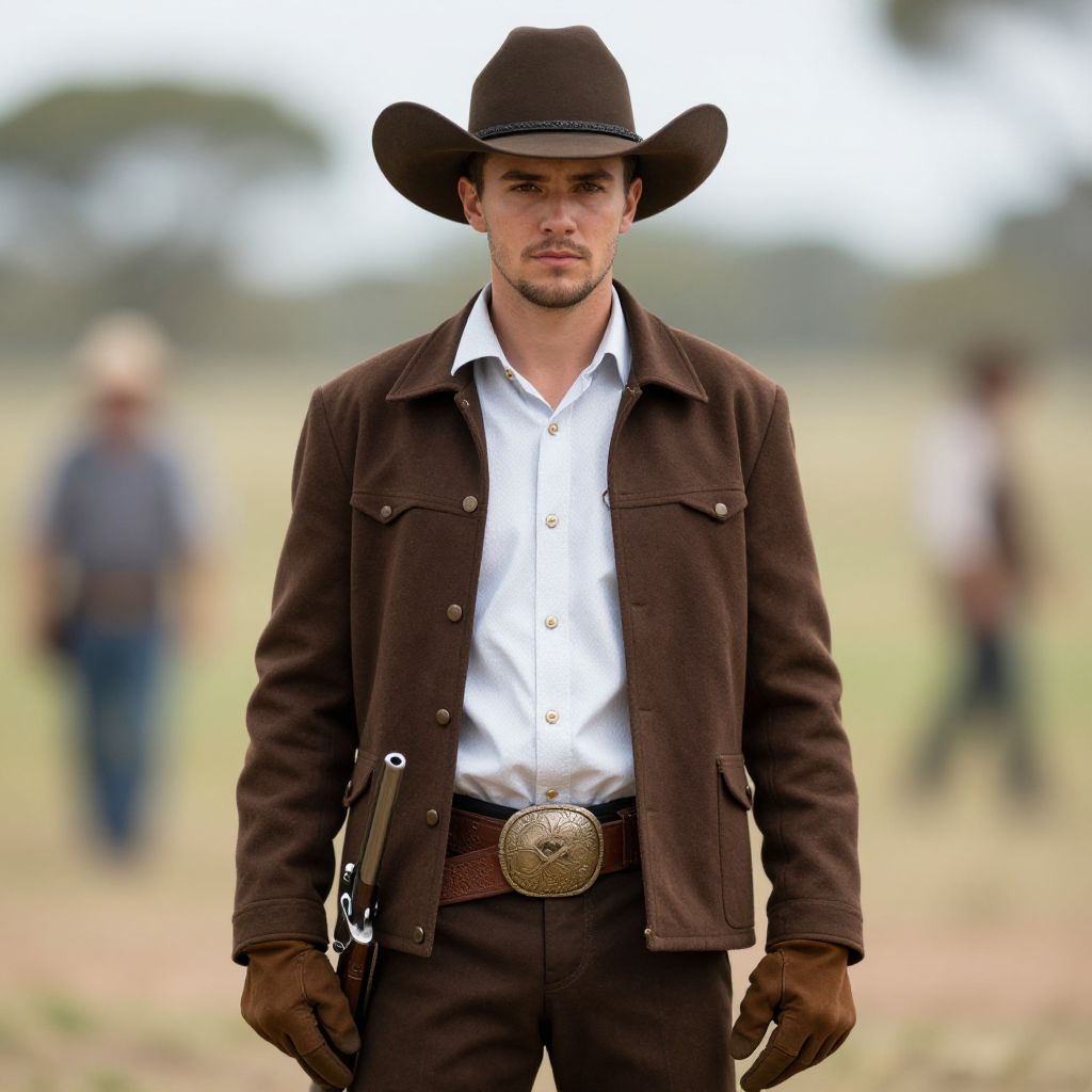 Cowboy Man in Brown Outfit Holding Revolver Outdoors