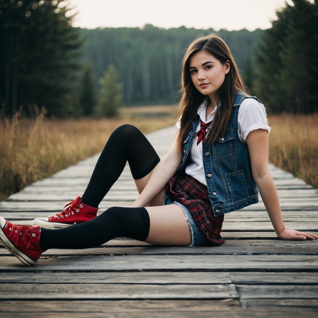 Young Woman Sitting on Wooden Boardwalk in Nature with Casual Style
