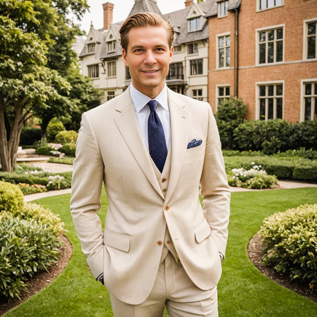 Stylish Man in Beige Suit in Garden