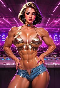 Muscular Woman in Golden Bikini and Denim Shorts Neon Nightclub Artwork