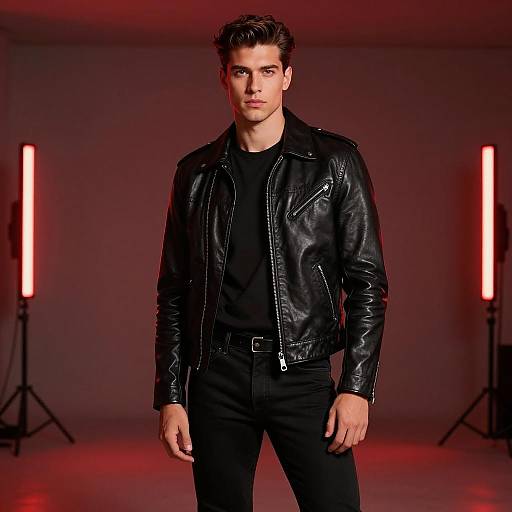 Stylish Young Man in Black Leather Jacket in Red Neon Light Studio