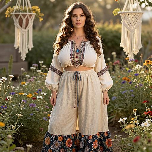 Bohemian Woman in Embroidered Outfit Standing in Flower Garden