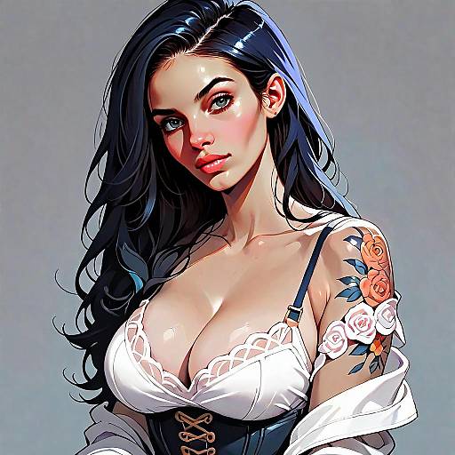 Digital Art Portrait of Woman with Floral Tattoo and Corset