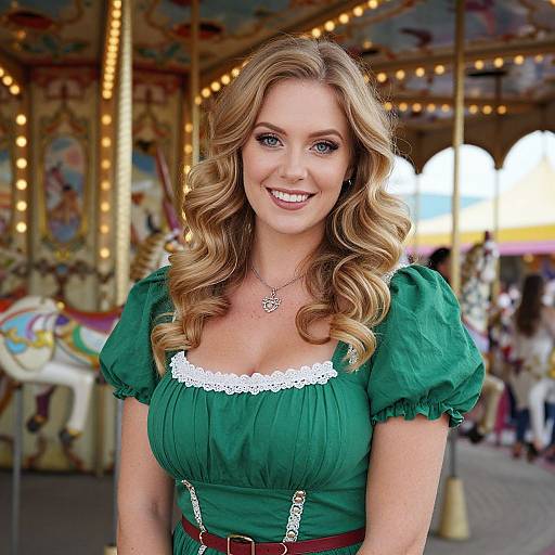 Smiling Woman in Green Dirndl Dress at Carousel Festival