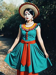 Realistic Tamayo Cosplay Woman in Vibrant Traditional Costume