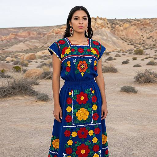 Woman in Traditional Blue Embroidered Dress in Desert Landscape