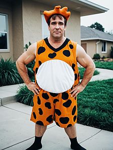 Man in Fred Flintstone Costume Photorealistic Humorous Cosplay Portrait