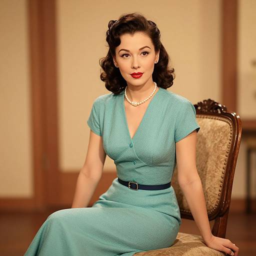 Vintage 1950s Style Woman in Turquoise Dress Sitting Indoors