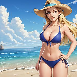 Confident Woman in Blue Bikini on Sunny Beach