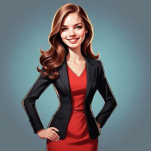 Confident Young Woman in Black Blazer and Red Dress Digital Illustration