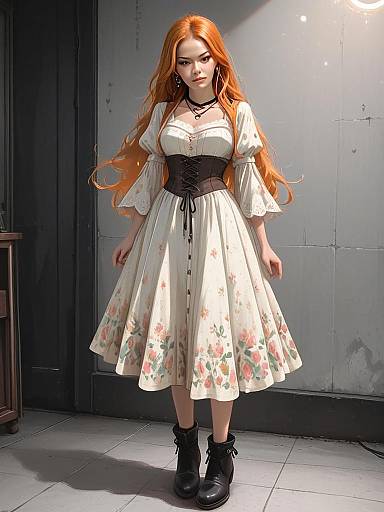 Boho Chic Woman in Floral Maxi Dress with Corset Belt and Ankle Boots