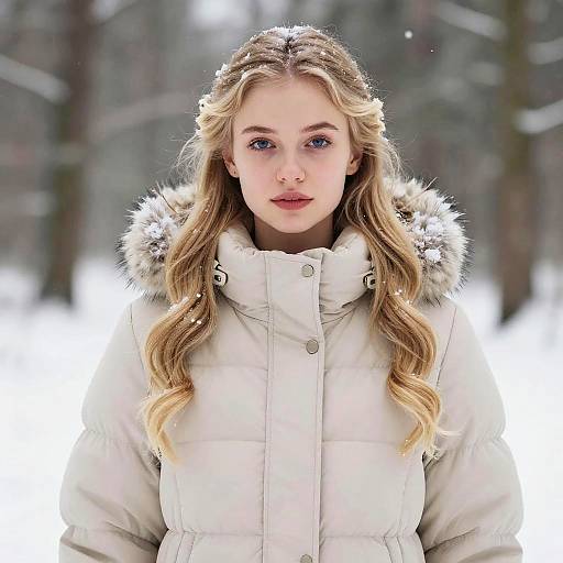 Young Woman in Beige Puffer Jacket in Snowy Winter Forest