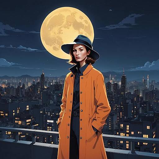 Woman in Orange Trench Coat and Hat on City Rooftop Under Full Moon