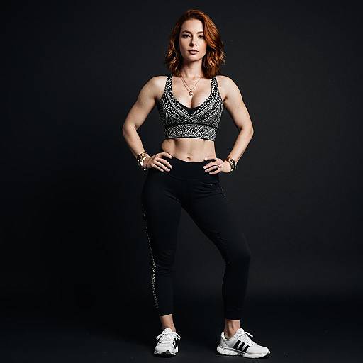 Strong Woman in Athletic Wear Standing Confidently on Dark Background